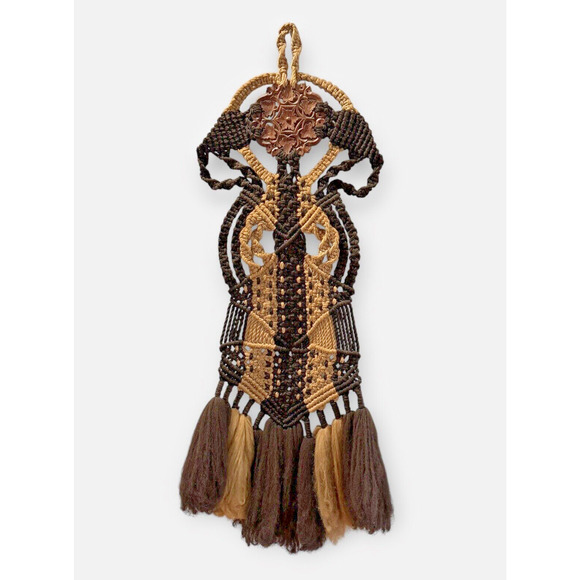 Vintage 1970's Macrame Large Wall Hanging Carved Wood Accent Two Tone Boho 42